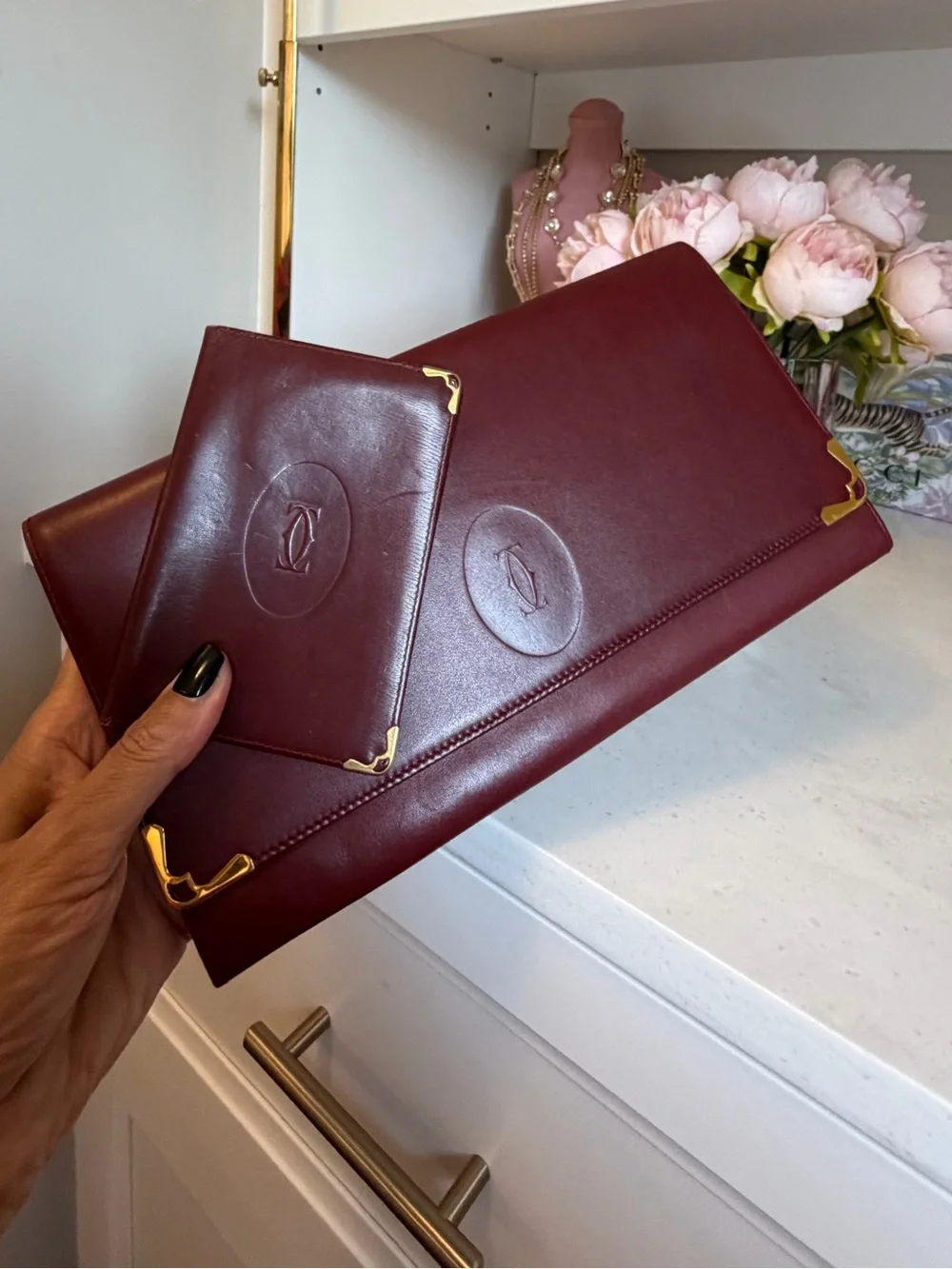 Cartier Burgundy Leather Envelope Clutch with Matching Card Case 2 pieces